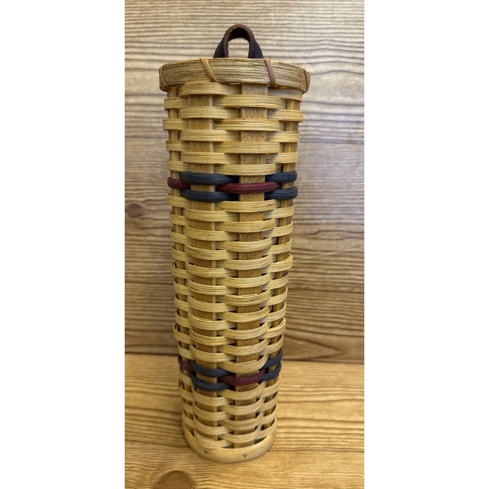 Vintage Amish Made Wood Woven‎ Vase Basket Brown Blue Red Trim Tall